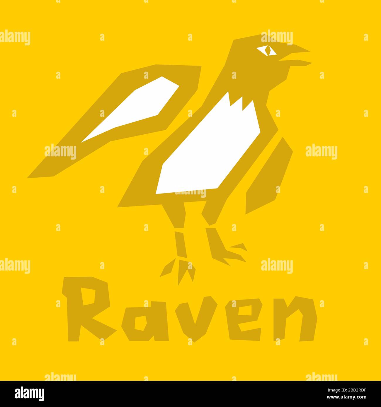 Raven-Symbol, Vektorclipart mit flachem Stil. Vorlage für Logo. Dickes lineares Rabenbild. Isoliert auf gelbem Hintergrund. Tiere ABC-Kollektion Stock Vektor