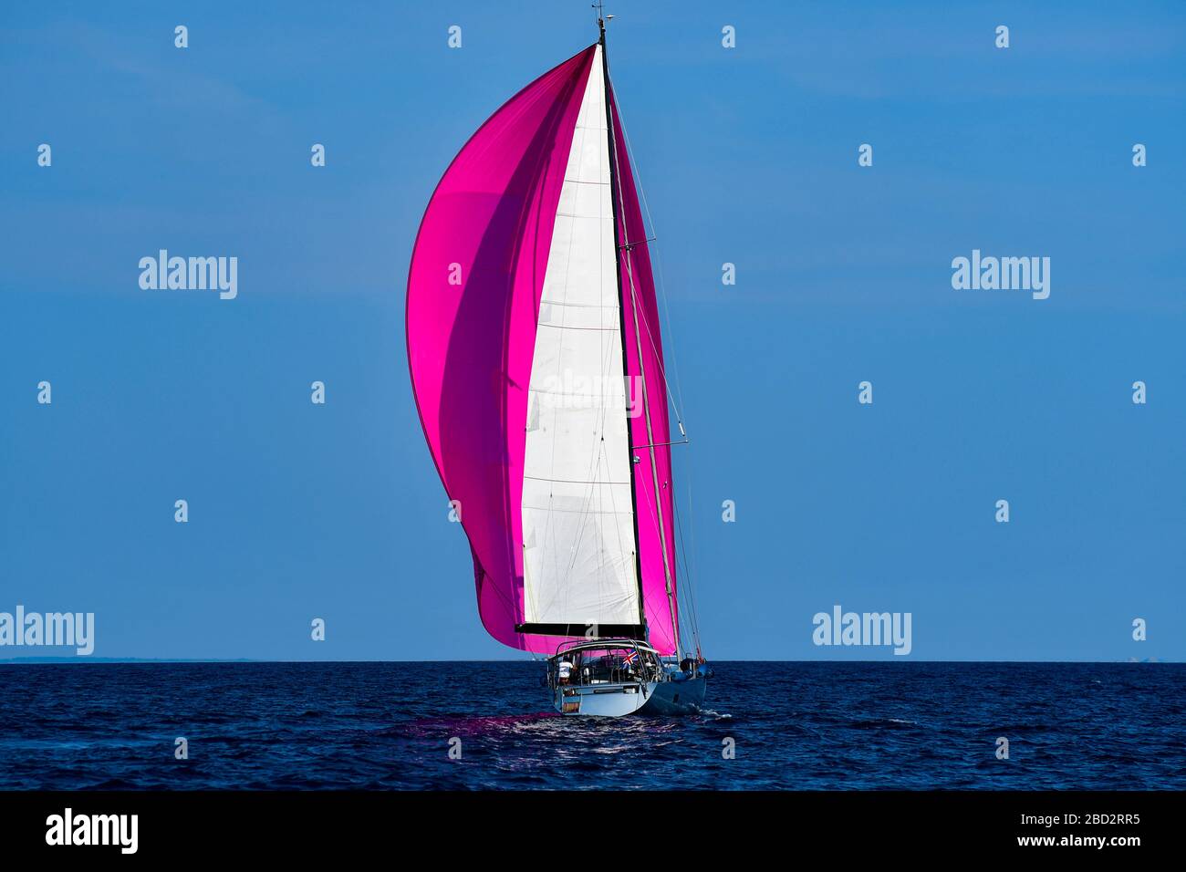 Segelboot auf offenem Meer mit großem purpurnen (rosa) Spinnaker Segel Stockfoto