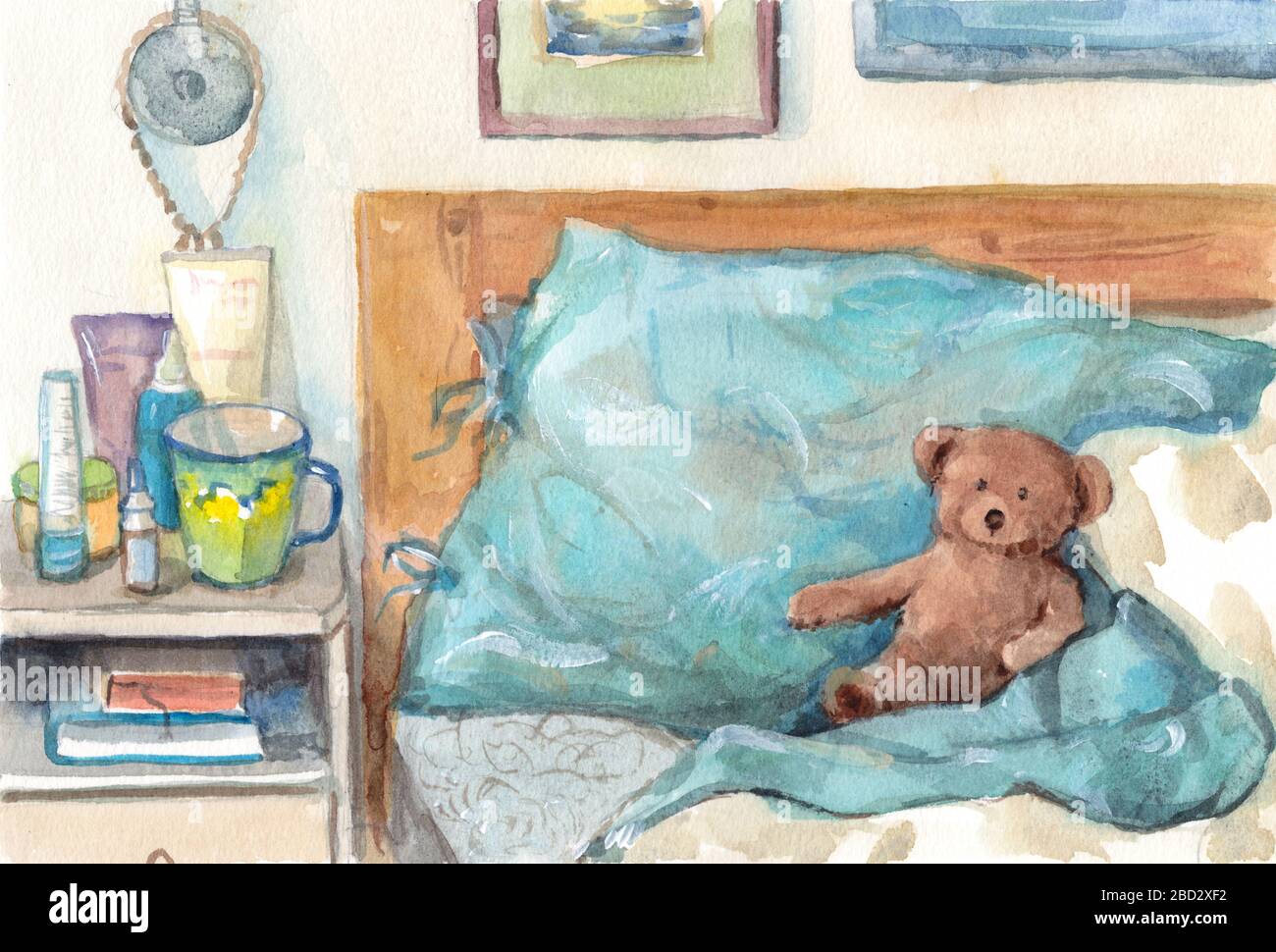Süßer Blick auf den Morgen mit dem Kissen und dem Teddybären Stockfoto