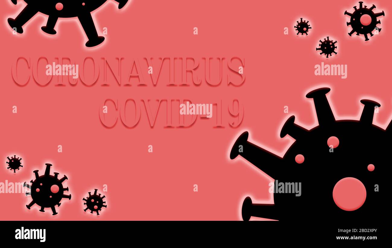 Minimalistisches rotes Cartoon Coronavirus Banner mit schwarzer Mikrobe Stockfoto