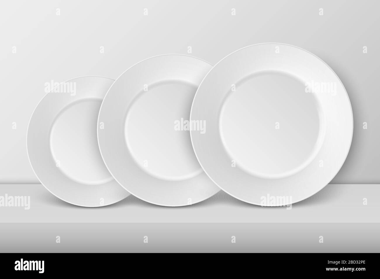 Vector 3d realistische Weißporzellan-Speise-Platte in unterschiedlicher Größe Closeup. Vorderansicht. Designvorlage, Mock up for Graphics, Branding Identity Stock Vektor