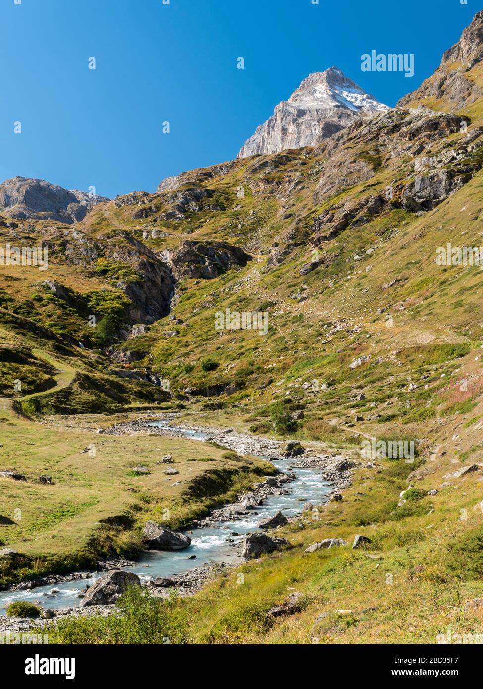 Der Fluss Dora di Rhemes fließt über das Tal von Rhemes; der Gipfel namens Granta Parey im Hintergrund (Aostatal, Italien) Stockfoto