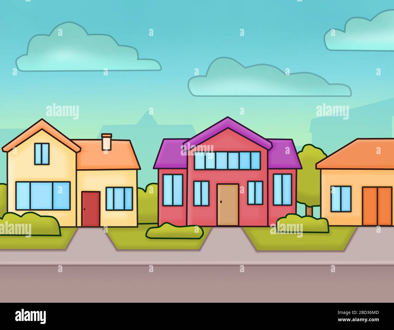 Illustration von mehreren Häusern in einer Nachbarschaft bei Tageslicht, einige Wolken gegen einen schönen klaren Himmel Stockfoto