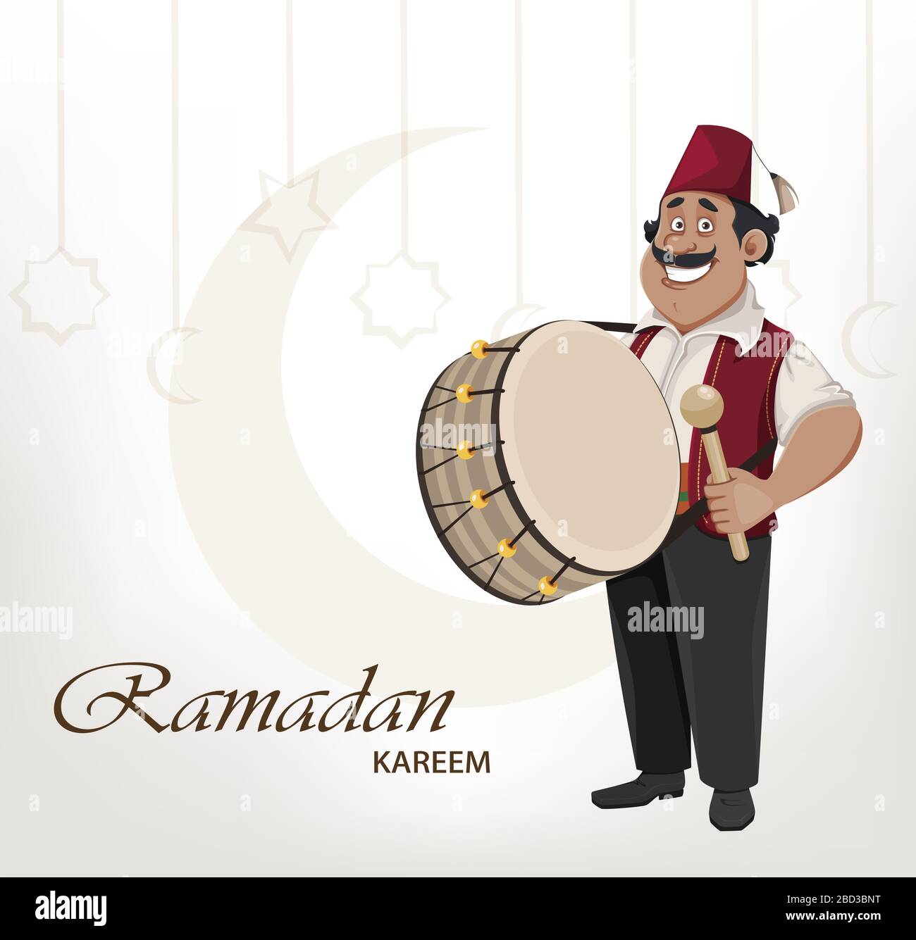 Ramadan Kareem Grußkarte. Ramadan Drummer. Fröhliche Zeichentrickfigur mit Trommel. Vektorgrafiken für heiligen Monat Stock Vektor