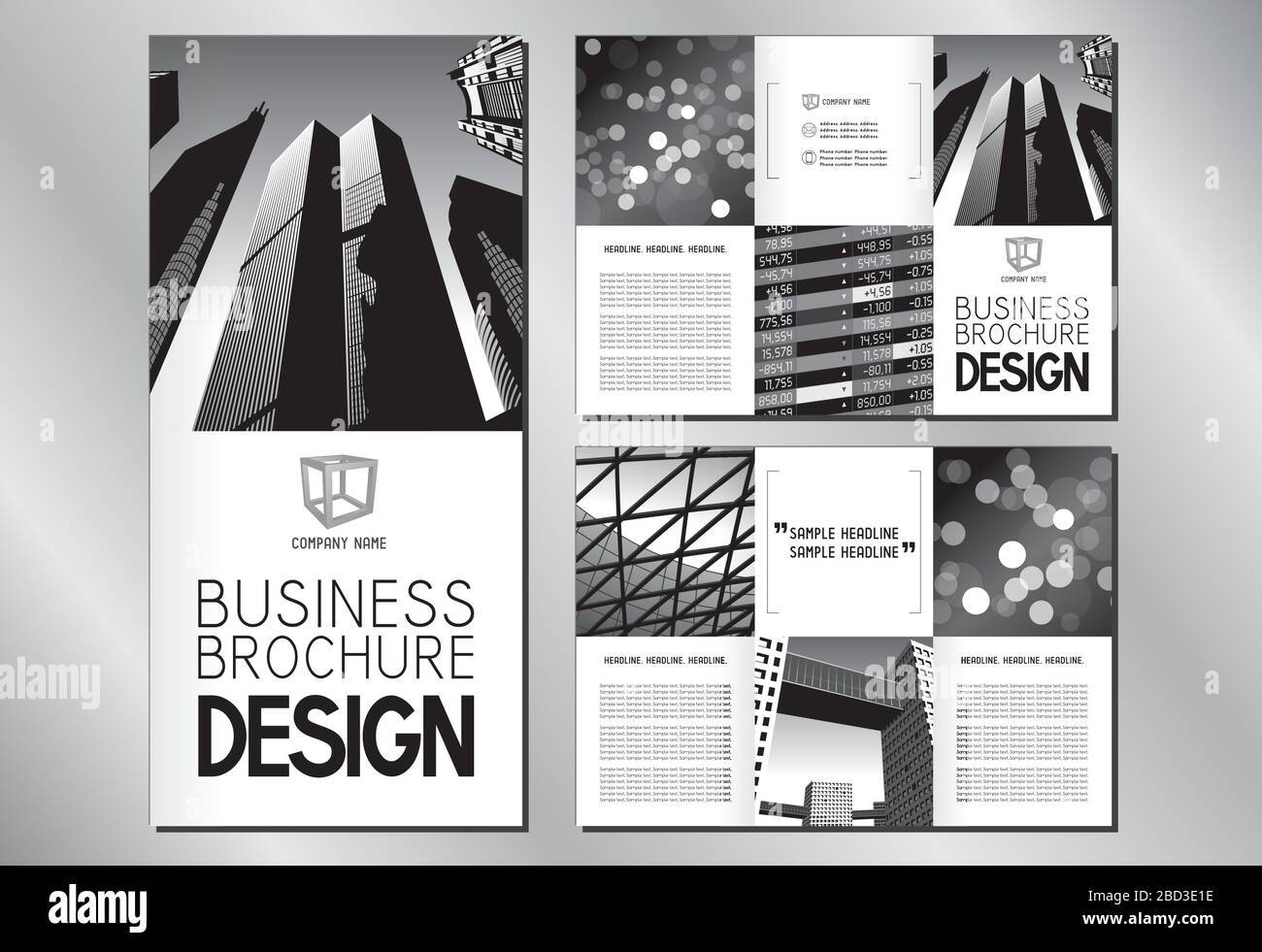 Dreifache Broschüre-/Flyer-Vorlage für Unternehmen (FORMAT A4 bis DL - 3 x 99 x 210 mm) - moderne Bürogebäude/Wolkenkratzer/moderne Architektur/Finanzdaten Stock Vektor