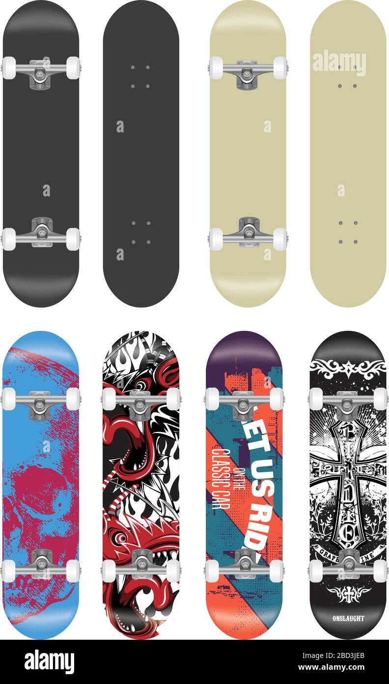 Skateboard Vektor Vorlage Illustration Set (mit Rückseite Design) Stock Vektor