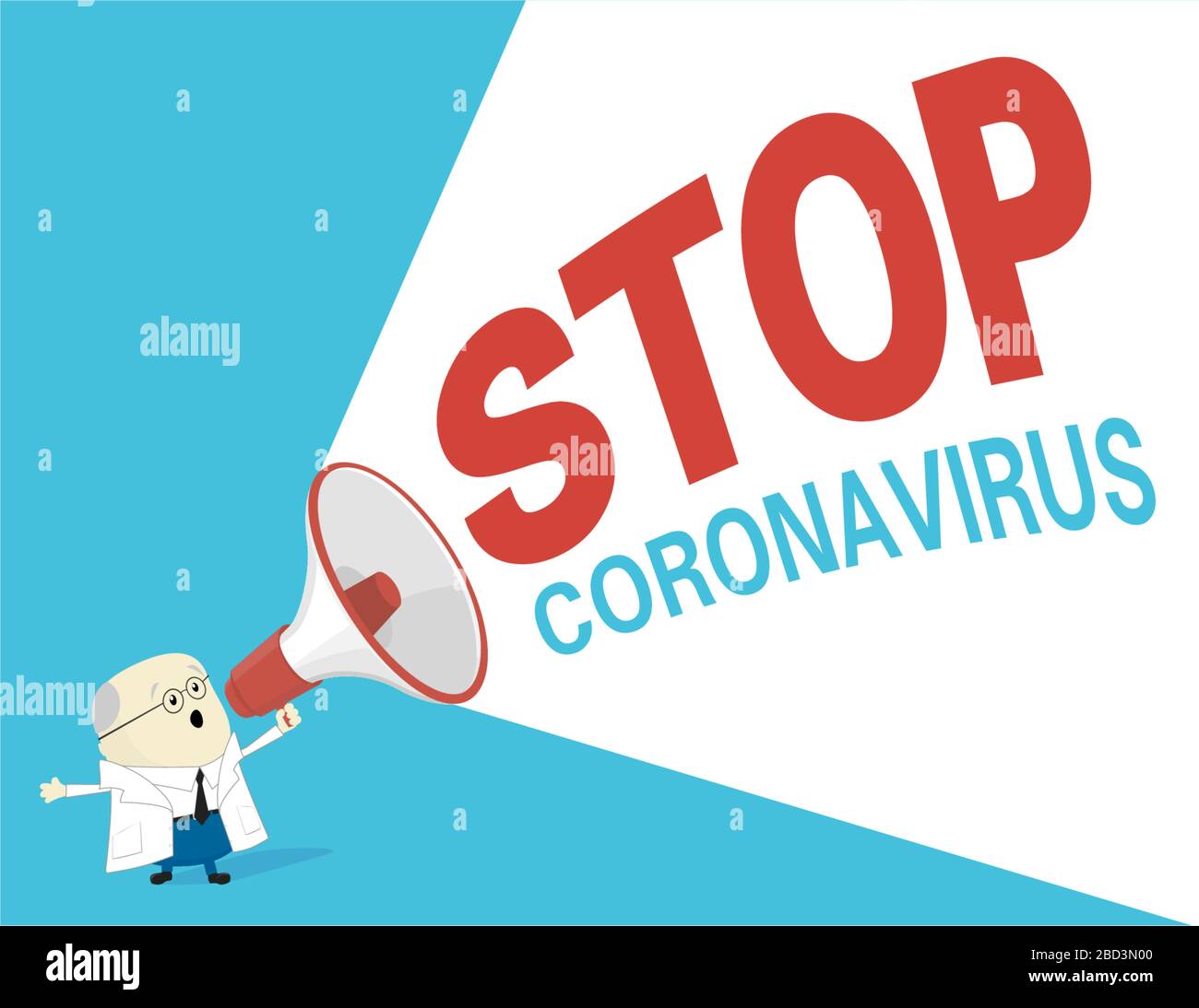 Vektorgrafiken von Wissenschaftler oder Doktor in weißem Mantel schreien durch Megafon das Zitat: STOP coronavirus. Coronavirus Quarantäne Motiva p Stock Vektor