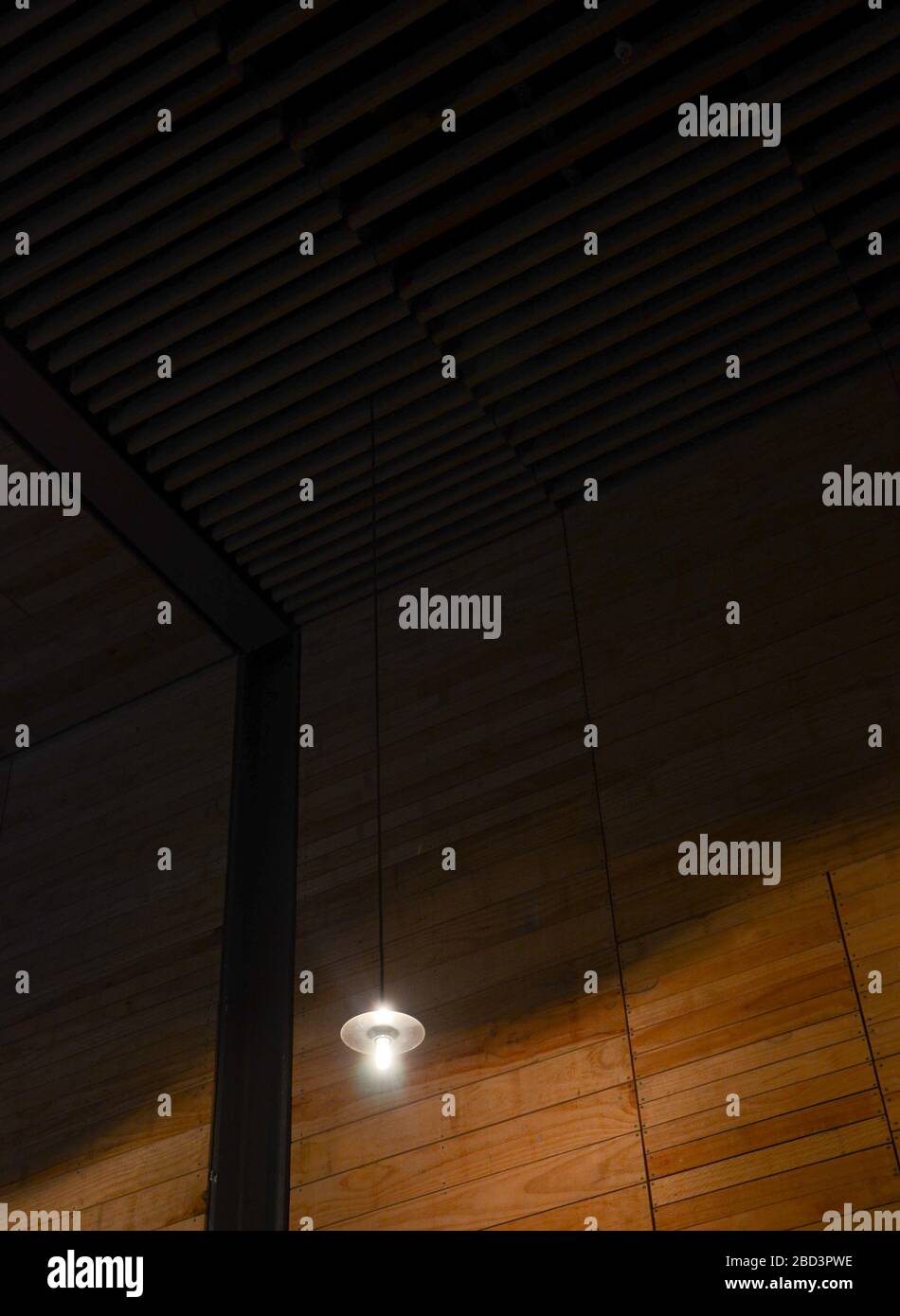 Helle, beleuchtete braune Holzwand im dunkelschwarzen Raum Stockfoto