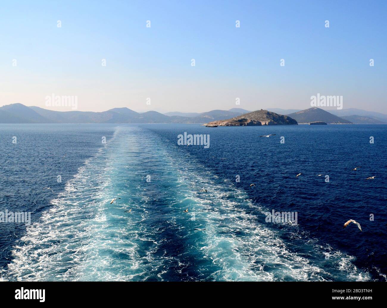 Wake erstellt durch eine Fähre, die das ägeische Meer von Agia Marina Marathon nach Nea Styra Evia überquert. Griechenland. Stockfoto