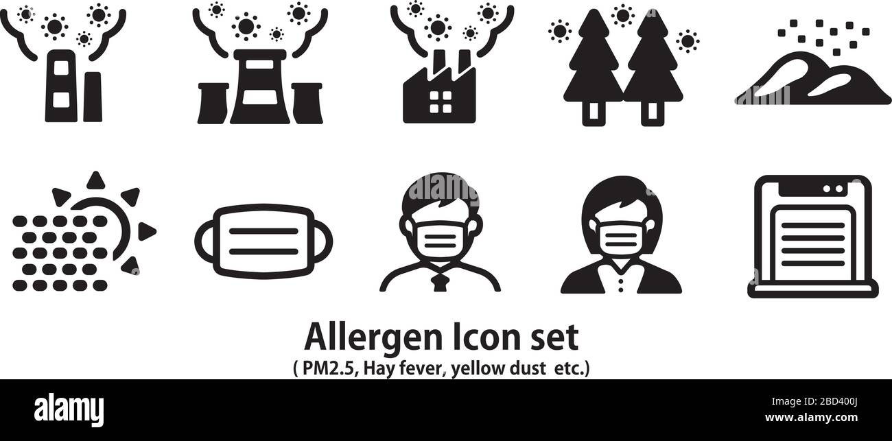 Allergen-Icon-Set (Coronavirus, Covid-19, pm2.5, Heuschnupfen, gelber Staub usw.) Stock Vektor