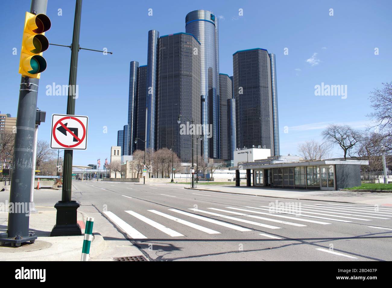 Detroit, Michigan, April 2020, Straßen sind leer, nachdem 'Stay at Home Order' wegen Coronavirus, Covid -19 Angst erlassen und durchgesetzt wurde. Stockfoto