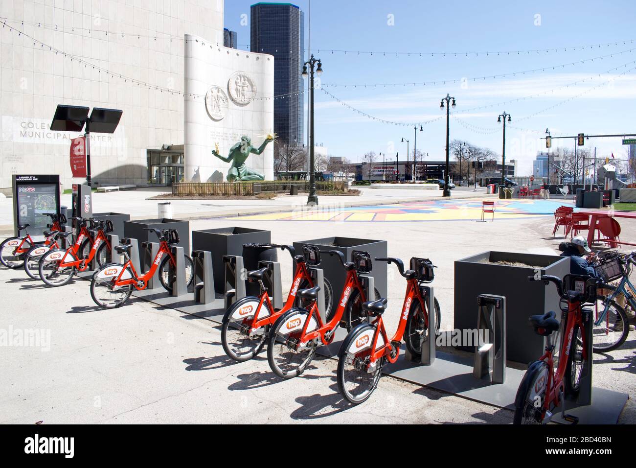 Detroit, Michigan, April 2020, Straßen sind leer, nachdem 'Stay at Home Order' wegen Coronavirus, Covid -19 Angst erlassen und durchgesetzt wurde. Stockfoto
