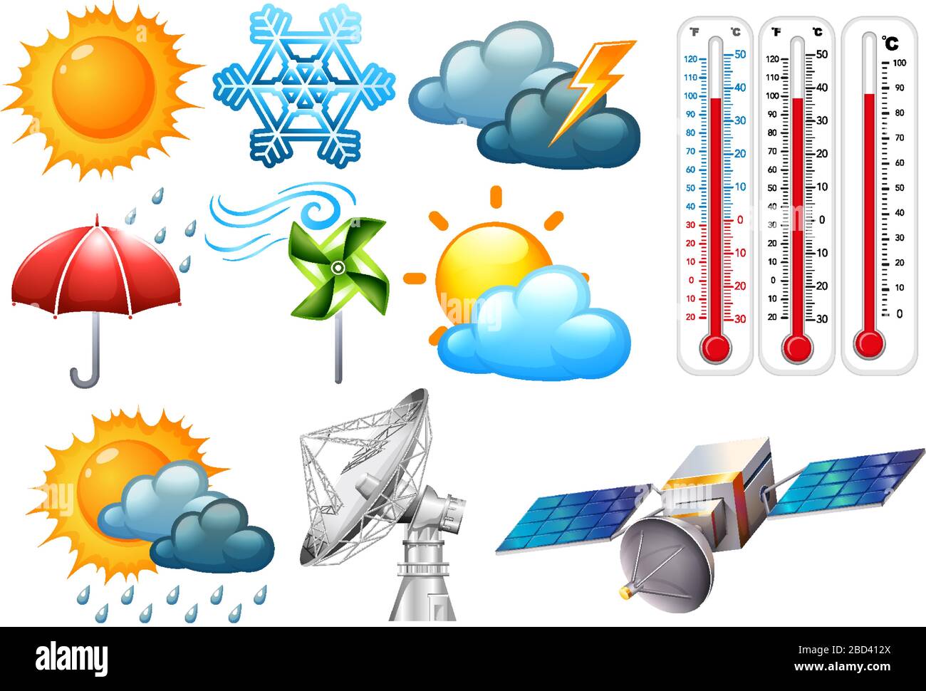 Symbolsatz für Wetter und Klima auf weißer Hintergrundabbildung Stock Vektor