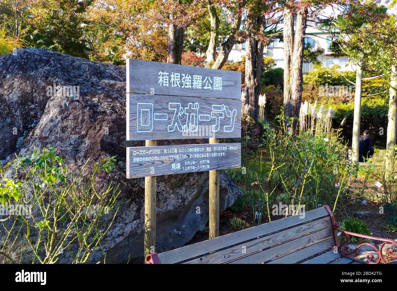 Der Indikator für den Gora Park. Ein Landschaftspark im westlichen Stil im Hakone-Gebiet. Präfektur Kanagawa, Japan Stockfoto