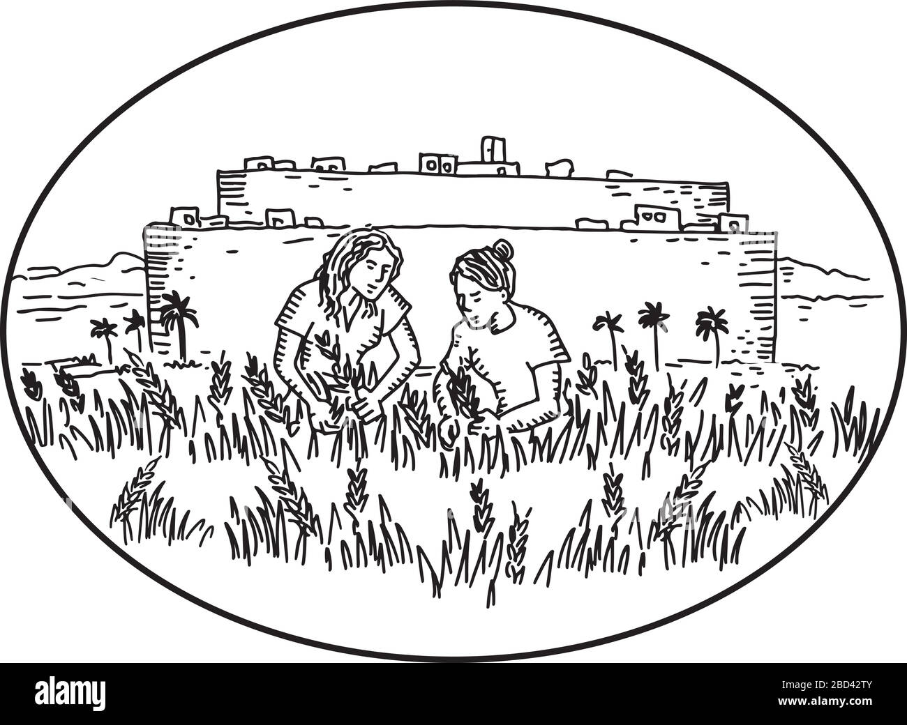 Retro-Stil Illustration von zwei Frauen, die Weizen auf dem Bauernhof außerhalb einer ummauerten Stadt sammeln oder ernten, die in ovaler Form auf isoliertem Hintergrund in Form gebracht wurde Stock Vektor