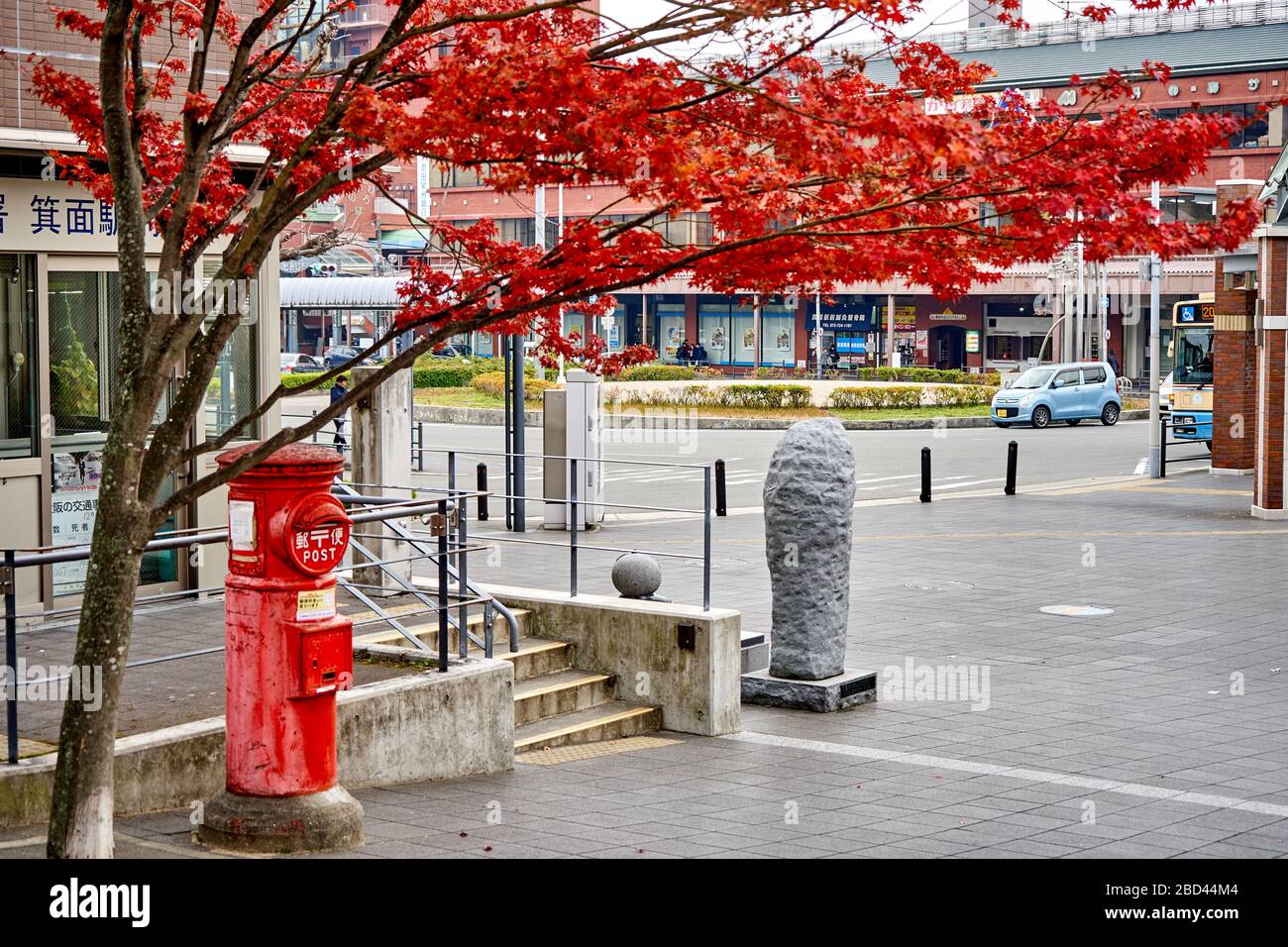 Rote Briefkasten unter dem roten Baum Stockfoto