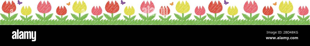 Horizontal nahtlos patten mit Tulpen (Handschrift / Buntstift Strich) Stock Vektor