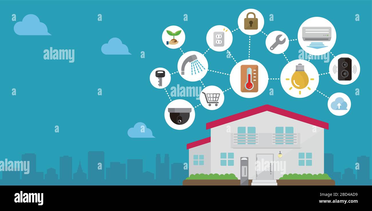 Smart Home (Smart House) gesteuert mit Smartphone-App. Abbildung des Technologiekonzepts. Stock Vektor