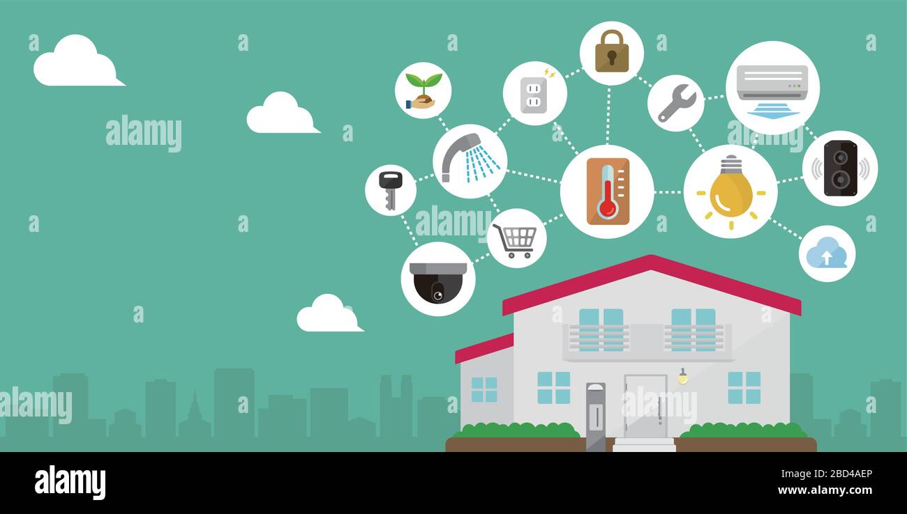 Smart Home (Smart House) gesteuert mit Smartphone-App. Abbildung des Technologiekonzepts. Stock Vektor