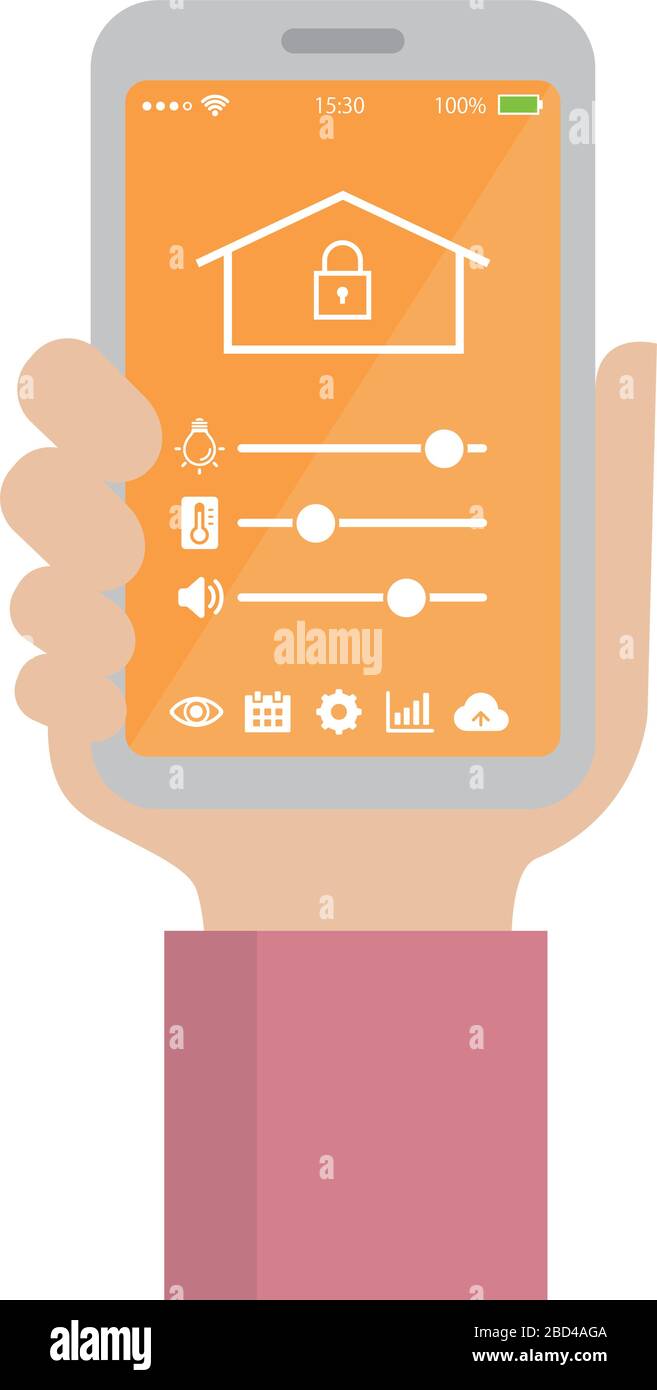 Smartphone-App zur Steuerung des Smart Home (Smart House) . Flache Abbildung mit Smartphone in der Hand. Stock Vektor