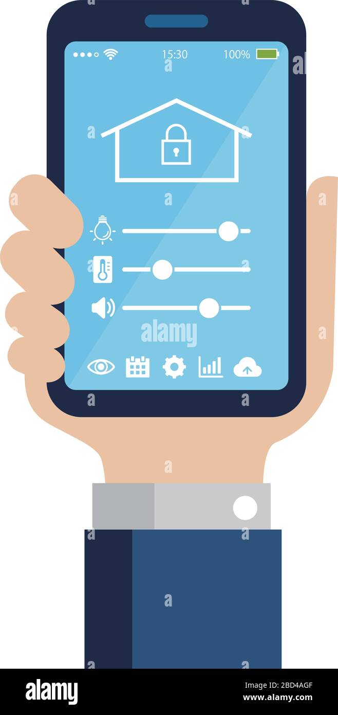 Smartphone-App zur Steuerung des Smart Home (Smart House) . Flache Abbildung mit Smartphone in der Hand. Stock Vektor