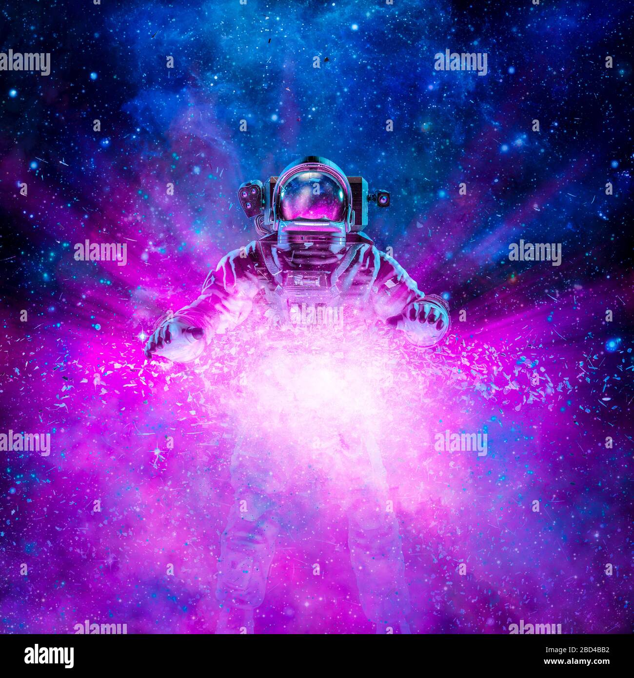Kosmischer Lichtastronaut/3D-Darstellung der Science-Fiction-Szene mit Astronaut, der von explodierender Galaxie im Weltall angezündet wird Stockfoto