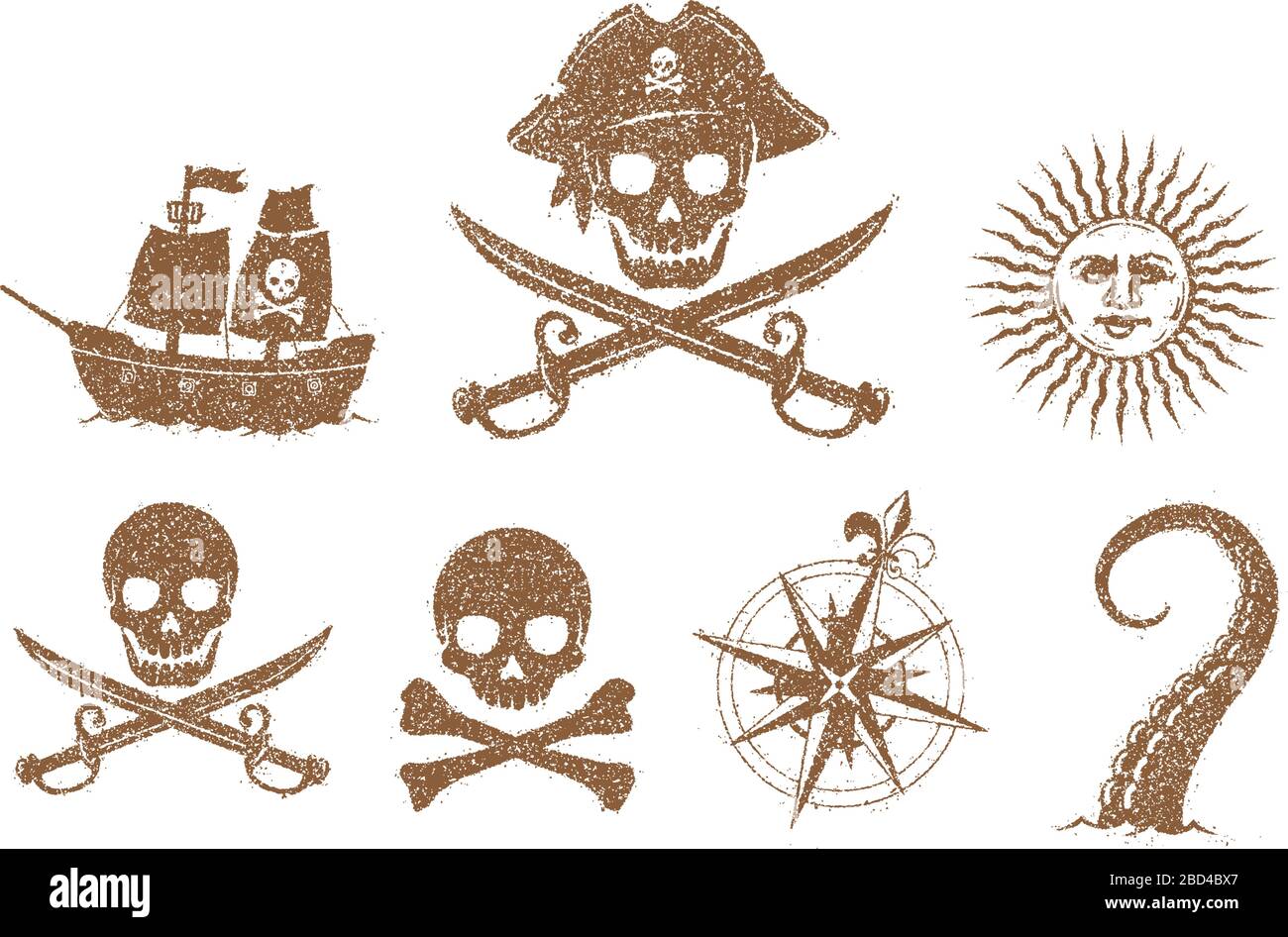 Piraten flache Illustration Set / Grunge Textur (Schädel, Anker, Vulkan, Schiff, Kompass, Sonne, kraken usw.) Stock Vektor