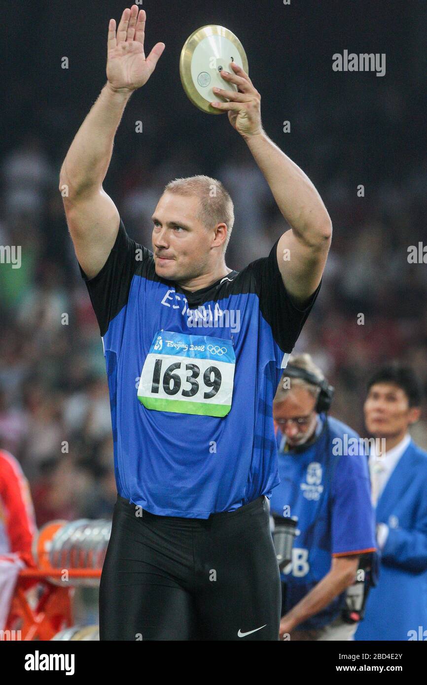 Goldmedaillengewinner Gerd Kanter aus Estland, Herren-Diskuswurf-Finale im Nationalstadion während der Olympischen Spiele 2008 in Peking, China, 19. August Stockfoto