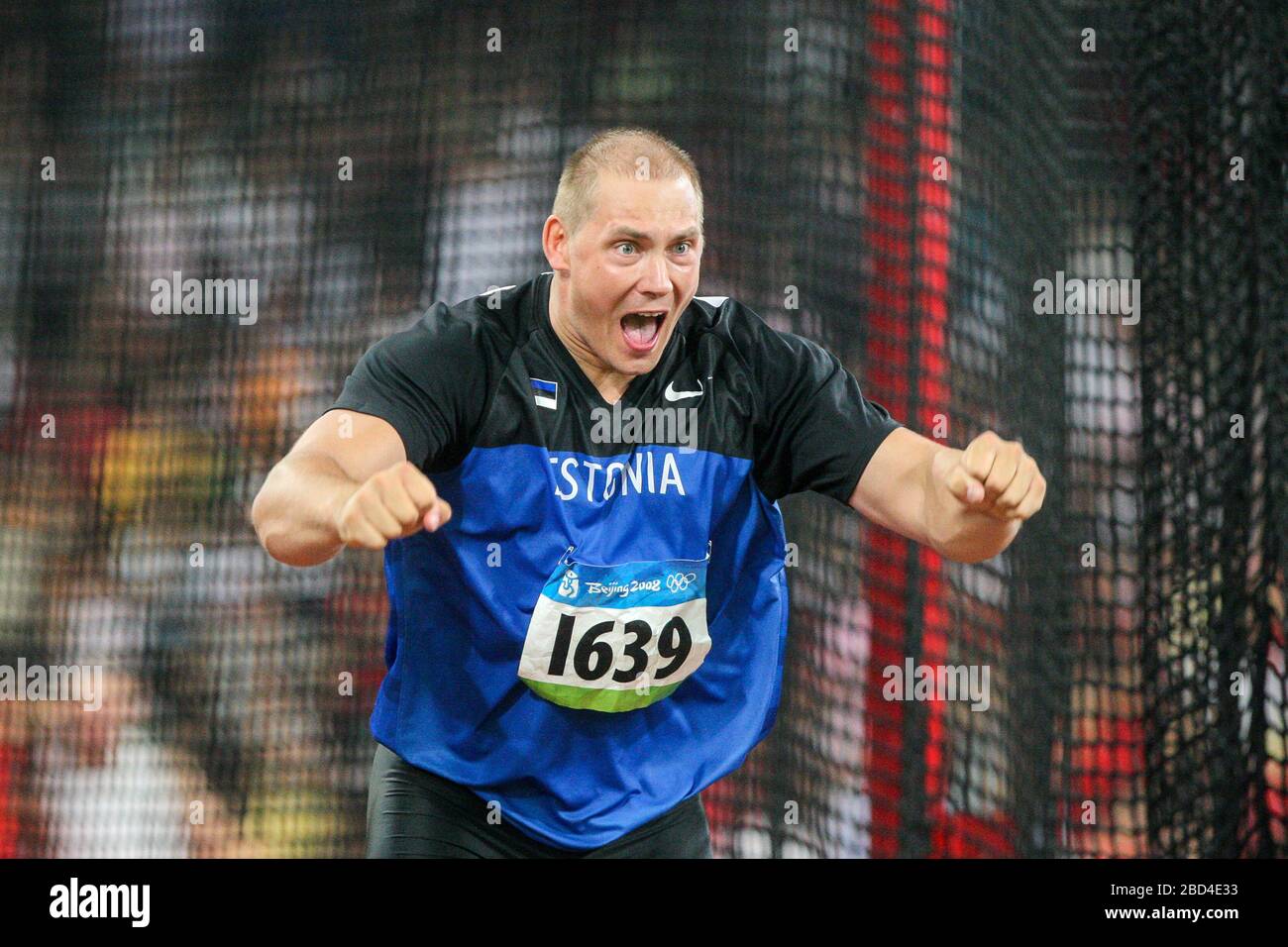 Goldmedaillengewinner Gerd Kanter aus Estland, Herren-Diskuswurf-Finale im Nationalstadion während der Olympischen Spiele 2008 in Peking, China, 19. August Stockfoto