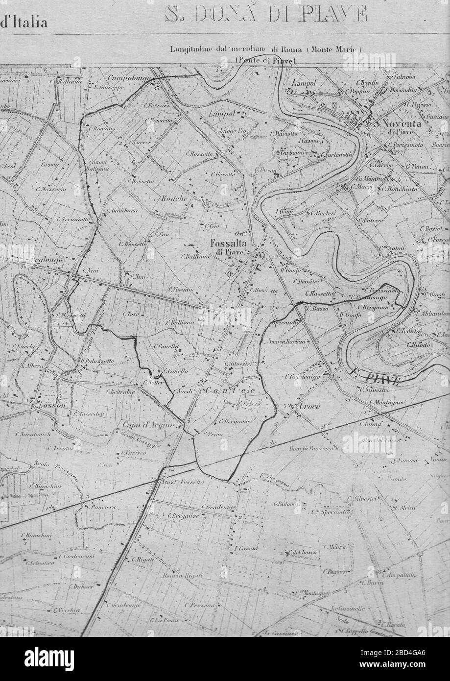 Teil der topografischen Karte von 1892 der IGM mit Fossalta di Piave (die heutigen Grenzen des Gemeindegebietes sind angegeben) Stockfoto