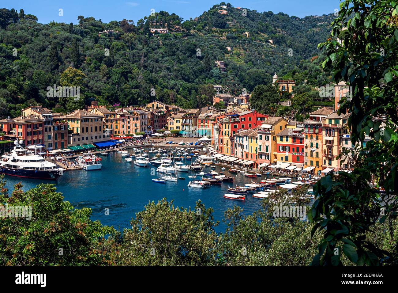 Blick von oben auf die kleine Bucht mit Jachten und bunten Häusern in Portofino, Italien. Stockfoto