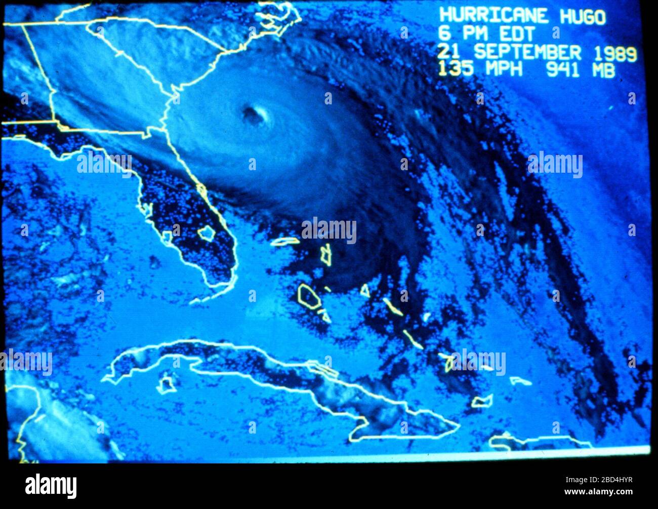 Sichtbares Spektren-Satellitenbild des Hurrikans Hugo am 21. September 1989 Stockfoto