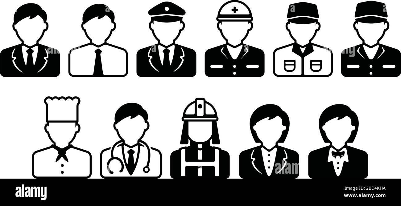 Arbeiter Avatar Symbol Illustration Set (Oberkörper) / Business Person, blue collar Arbeiter, Polizei Mann, Koch, Arzt etc. Stock Vektor