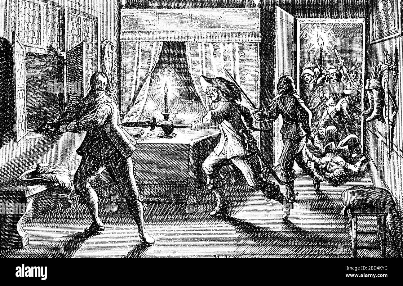 Die Ermordung Wallensteins im Dreissigjährigen Krieg / die Ermordung Wallensteins im dreijähigen Krieg, historisch, digital verbesserte Wiedergabe eines Originals aus dem 19. Jahrhundert / Digitale Reproduktion einer Originalanlage aus dem 19. Jahrhunderts Stockfoto