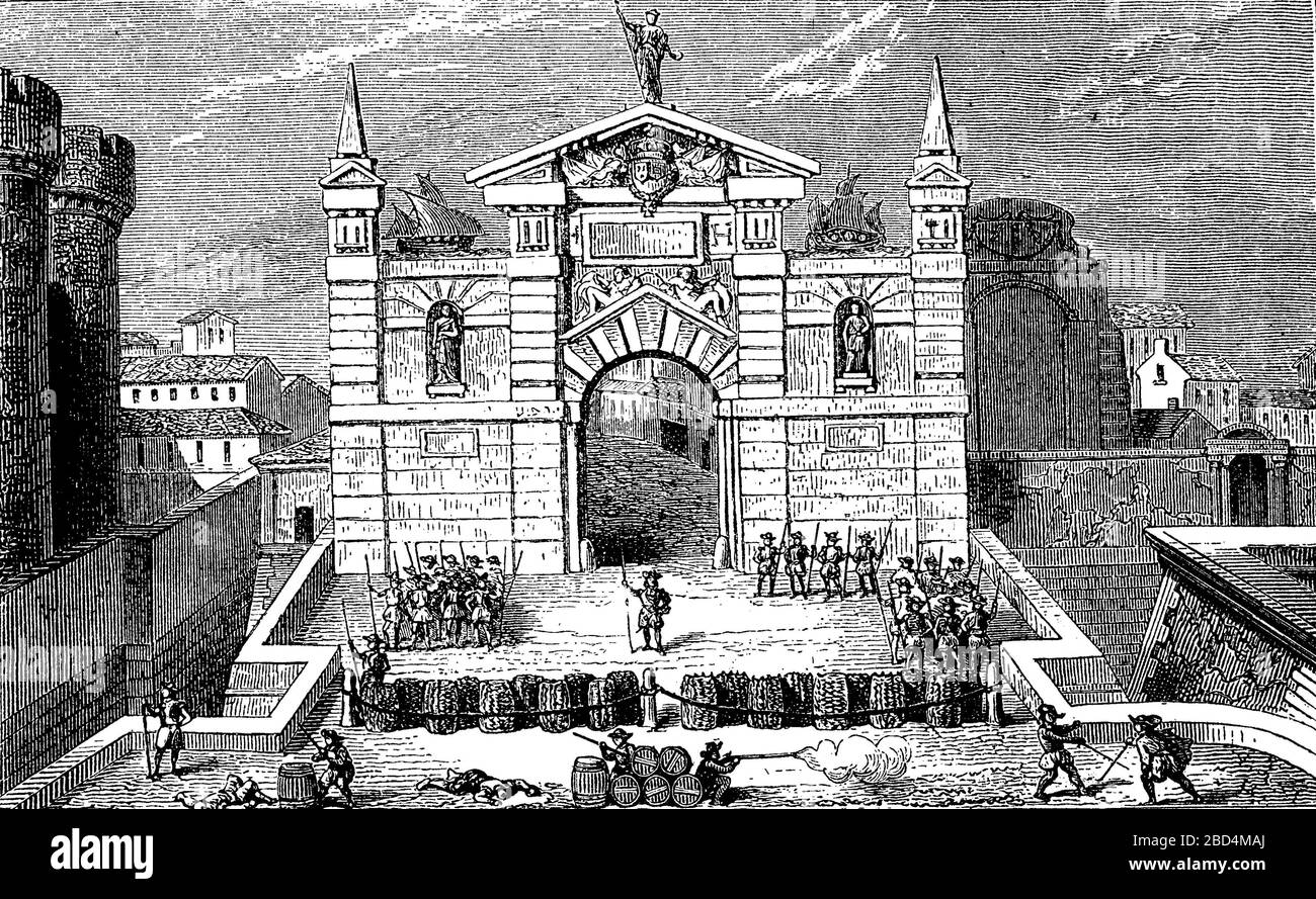 Eine Barrikade in Paris, Frankreich, während des Aufstands vom 26. August 1648, dreißigjähriger Krieg / eine Barrikade in Paris, Frankreich, während des Aufruhrs vom 26. August 1648, Dreisigjähriger Krieg, historisch, digital verbesserte Wiedergabe eines Originals aus dem 19. Jahrhundert / Digitale Produktion einer Originalanlage aus dem 19. Jahrhunderts Stockfoto