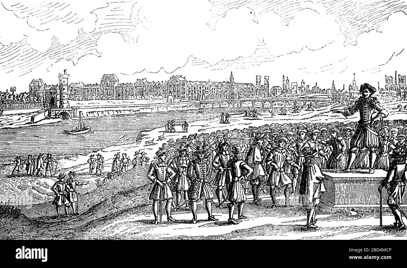 Ein Treffen der Frondeurs außerhalb von Paris, Frankreich, während des dreißigjährigen Krieges / eine Sammlung der Frondeure vor Paris, Frankreich, während des Dreisigjähriger Krieges, historisch, digital verbesserte Wiedergabe eines Originals aus dem 19. Jahrhundert / Digitale Reproduktion einer Originalvorlage aus dem 19. Jahrhunderts Stockfoto