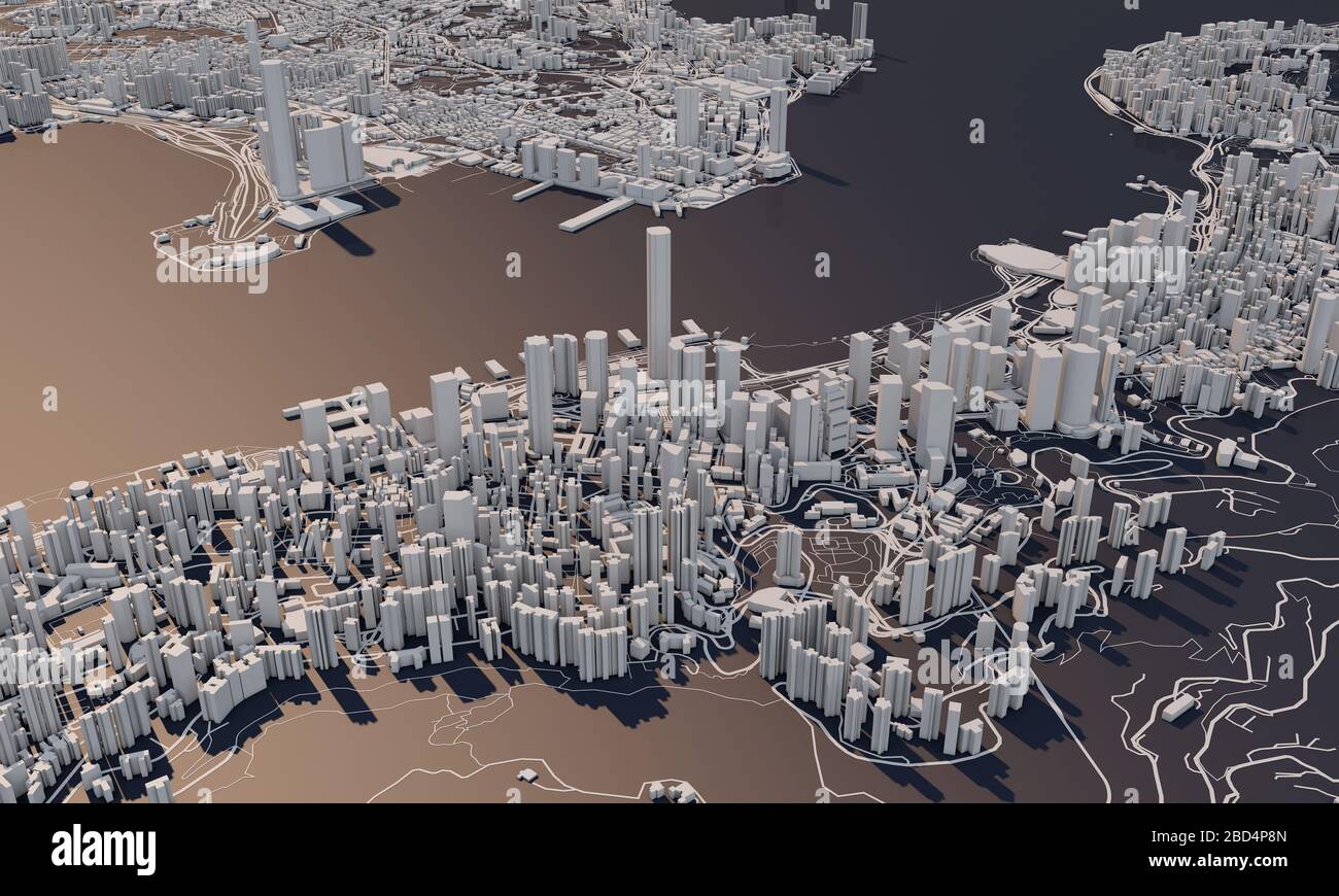 Honk Kong Stadtplan 3D Rendering. Satellitenansicht der Antenne. Stockfoto