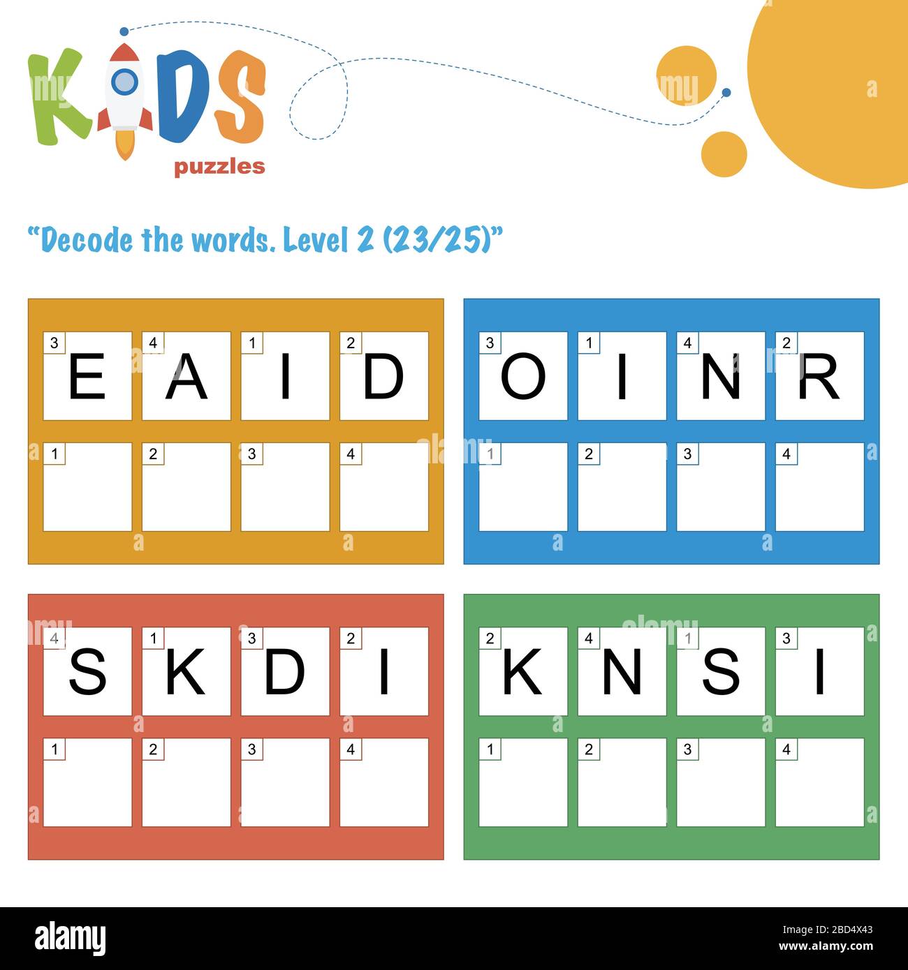 Decodieren Sie die 4-stelligen Wörter. Arbeitsblattpraxis für Kinder in der Vorschule, der Grundschule und der Mittelschule. Arbeitsblatt mit lustigen Logikrätseln. Stock Vektor