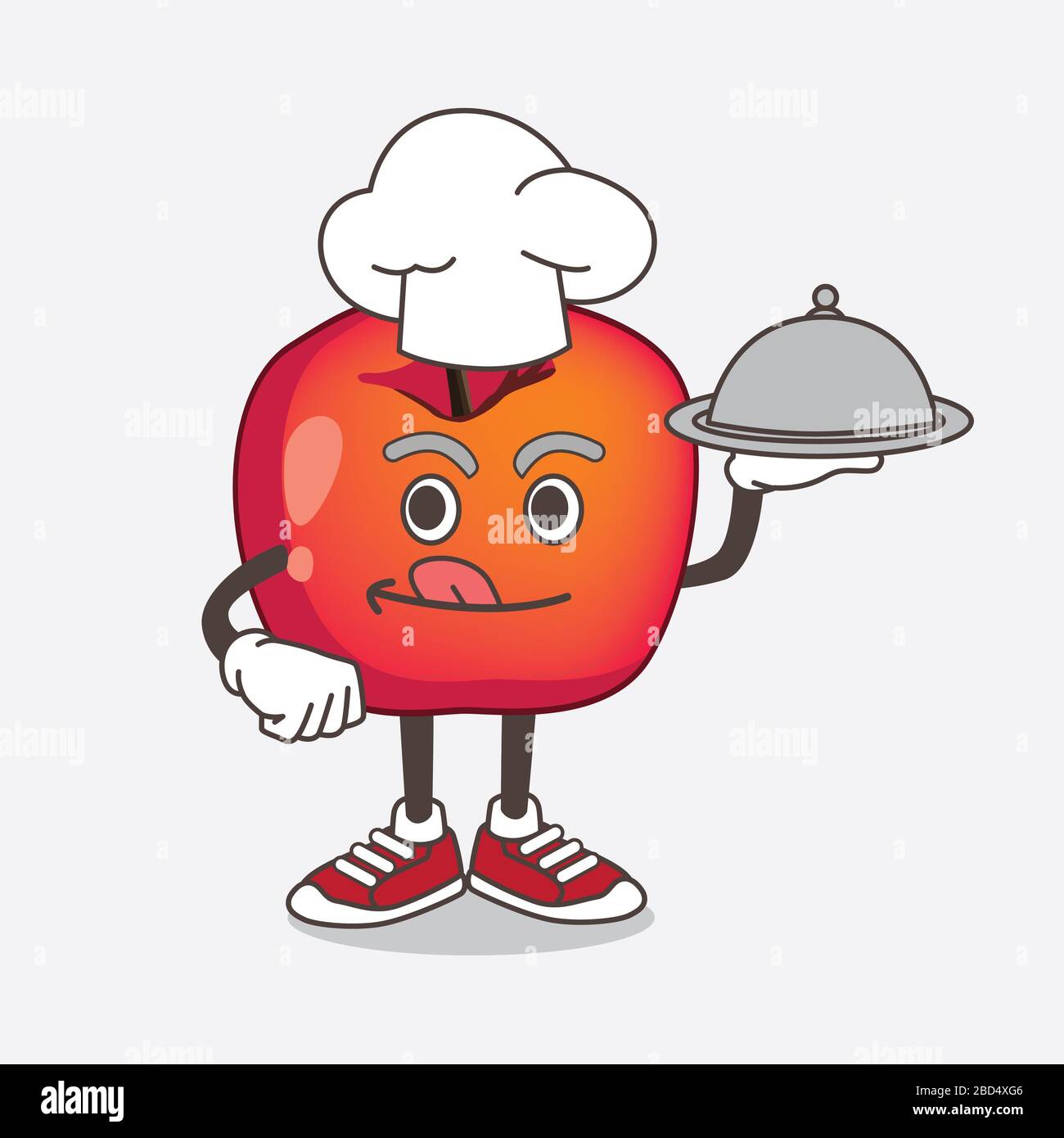 Eine Illustration von Crab Apple Cartoon Maskottchen Charakter als Koch mit Essen auf Tablett bereit zu dienen Stockfoto