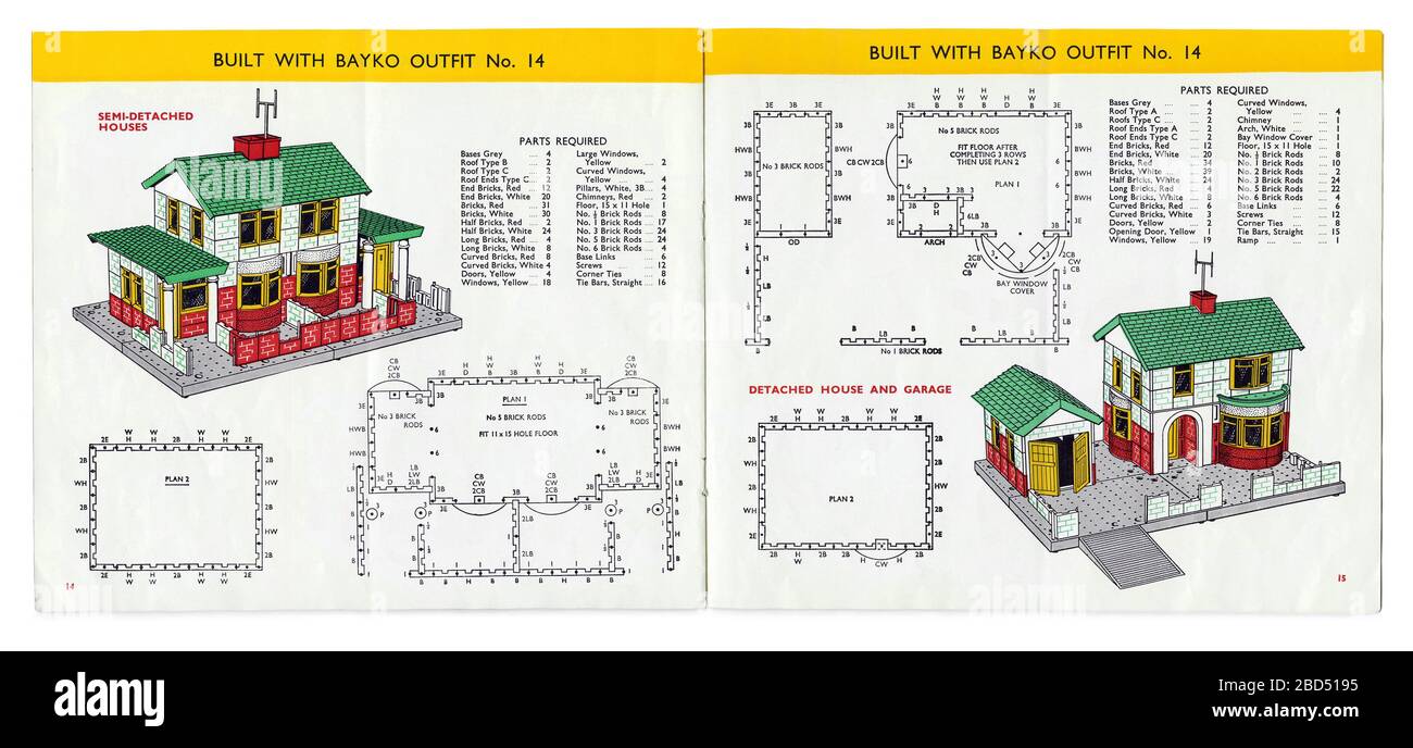 Seiten aus einem Bayko-Baukelset (Outfit 14) mit Anleitungen und Plänen, die zeigen, wie man Häuser baut, c. 1966. Die Illustrationen zeigen Modelle typischer Vorstadthäuser im Stil der 1930er Jahre (Doppelhaus und freistehend mit Garage). Dieses britische Bauspielzeug wurde von Charles Plimpton erfunden und von 1934 bis 1967 in Liverpool, England, hergestellt. Es war eines der ersten Plastikspielzeug für Kinder - sein Name leitet sich von Bakelit ab, dem ersten kommerziellen Kunststoff. Die Produktion wurde in den sechziger Jahren von Meccano übernommen. Stockfoto