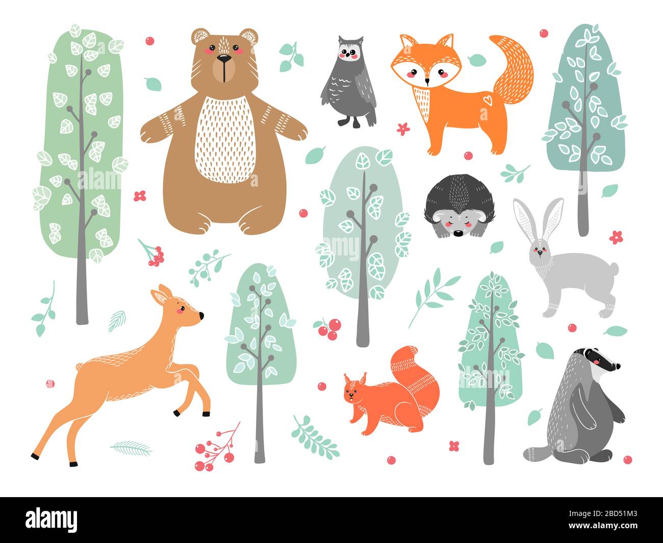 Niedliche Tiere: Fuchs, Dachs, Eichhörnchen, Eule, Hirsch, Reh, Rehe, Hasen, Kaninchen, Igel und verschiedene Elemente Abbildung Hand in scandinav gezeichnet Stock Vektor
