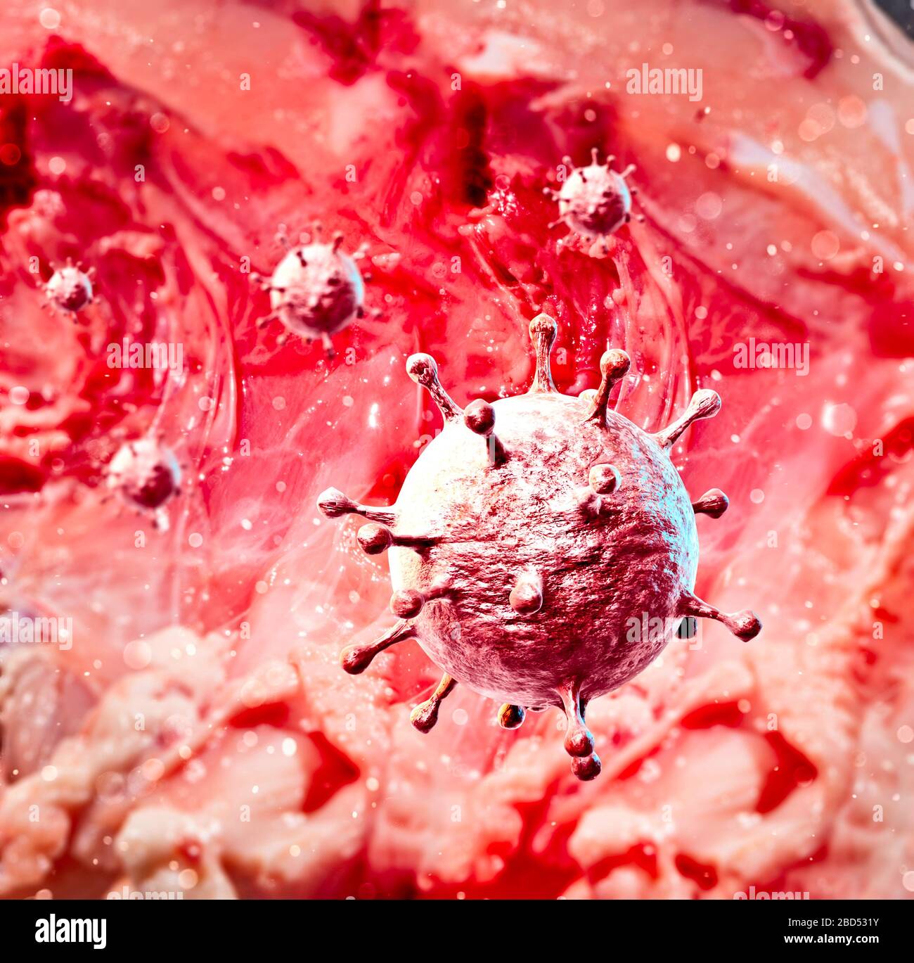 Mikroskopische Sicht auf Coronavirus, einen Erreger, der die Atemwege angreift. Covid-19. Analyse und Test, Experimentieren. Virusinfektion. Stockfoto