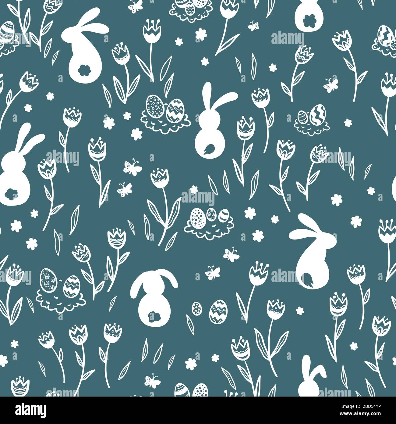 Süßes, handgezeichnetes Easter Seamless Muster mit Häschen, Blumen, ostereiern, schönem Hintergrund, ideal für Osterkarten, Banner, Textilien, Tapeten Stockfoto Süßes, handgezeichnetes Easter Seamless Muster mit Häschen, Blumen, ostereiern, schönem Hintergrund, ideal für Osterkarten, Banner, Textilien, Tapeten Stockfoto