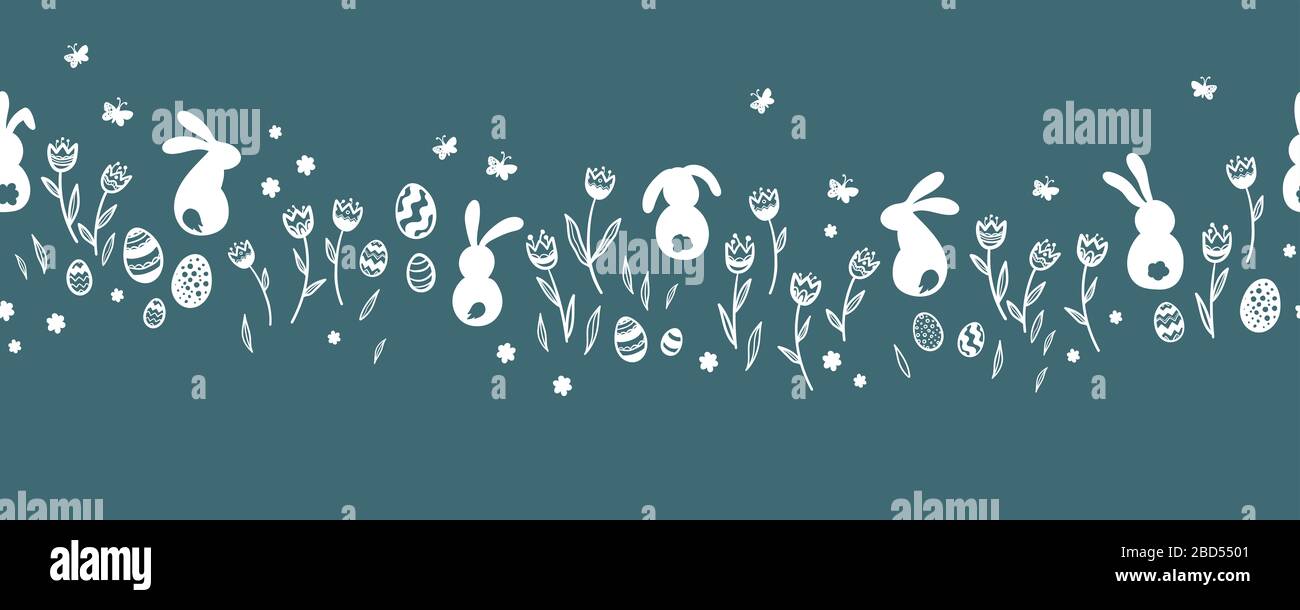 Süßes, handgezeichnetes, horizontales, nahtloses Oster-Muster mit Häschen, Blumen, ostereiern, schönem Hintergrund, ideal für Osterkarten, Banner, Textilien, Stockfoto