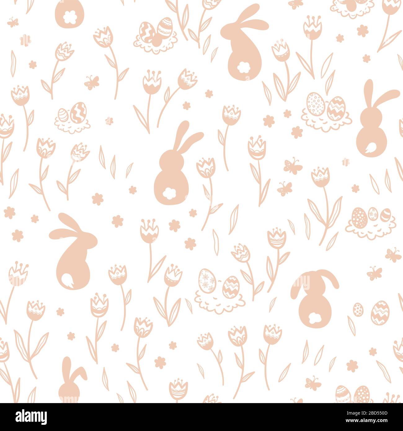 Süßes, handgezeichnetes Easter Seamless Muster mit Häschen, Blumen, ostereiern, schönem Hintergrund, ideal für Osterkarten, Banner, Textilien, Tapeten Stockfoto