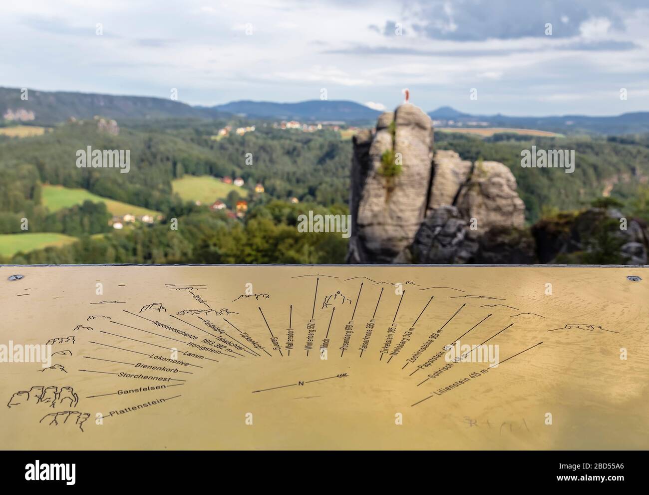 Ein Schild mit Wegbeschreibung zu den Bergmassiven auf der Aussichtsplattform Bastai in der Sächsischen Schweiz. Deutschland Stockfoto