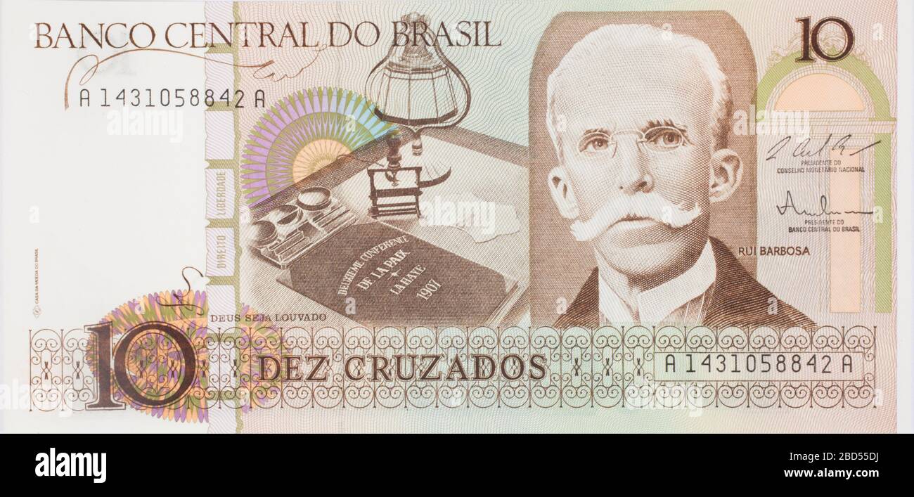 Eine Banknote aus Brasilien 10, Dez Cruzados aus dem Jahr 1986 Stockfoto