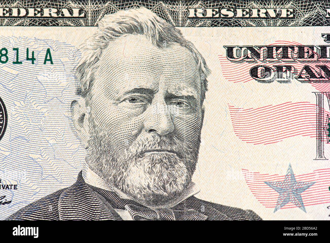 Nahaufnahme eines Teils des 50-Dollar-Gesetzes mit US-präsident Ulysses Grant Face Stockfoto