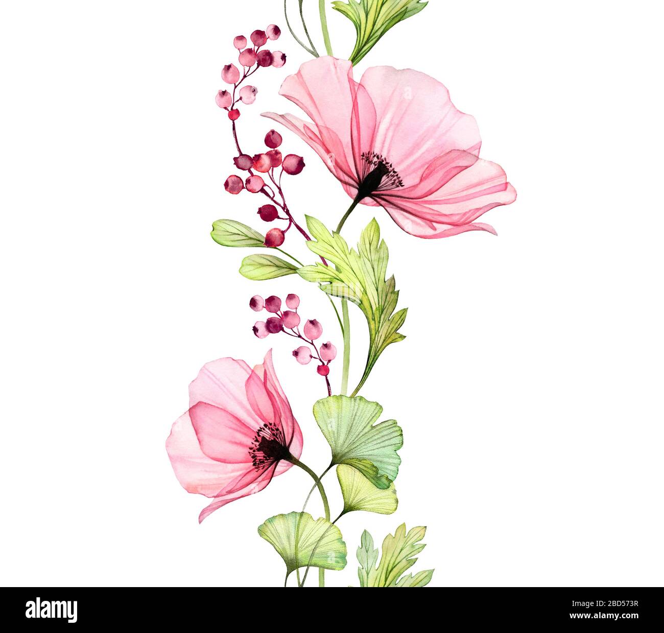 Wasserfarbe Poppy nahtloser Rand. Vertikales sich wiederholendes Muster. Große rosafarbene Blume mit Blättern und Beeren isoliert auf Weiß. Botanische Illustration für Stockfoto