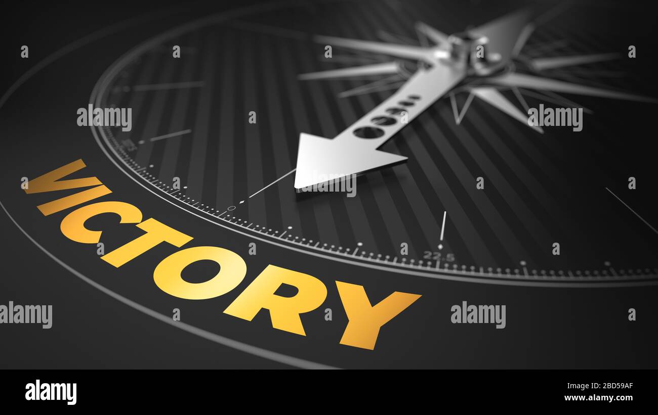 3D-Darstellung eines abstrakten Kompasses über schwarzem Hintergrund mit Nadel, die den Text zeigt: Sieg - Geschäftskonzept. Stockfoto